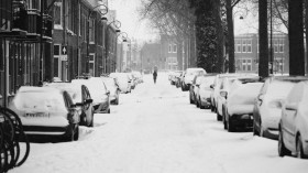 Cold winter day in Haarlem, The Netherlands with heavy wind and a lot of snow