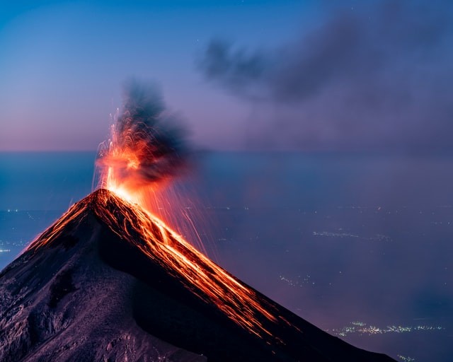 Eruption over Volcan de Fuego at sunrise seen from Acatenango