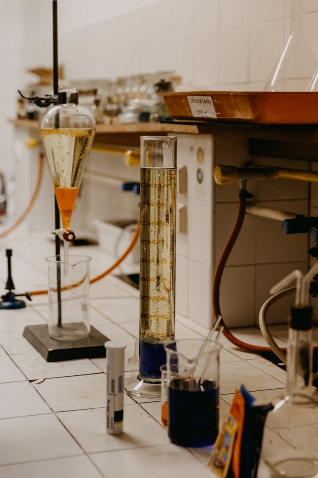 Students at the Faculty of Education of the Trnava University in Trnava perform chemical experiments in the laboratory.
