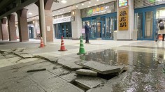  Damaged pavement blocks on the ground in front of JR Fukushima Station, cracked due to the impact of the earthquake in Fukushima.