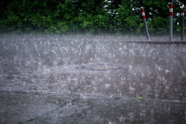 Rainfall on street in Stuttgart, Germany during summer thunder