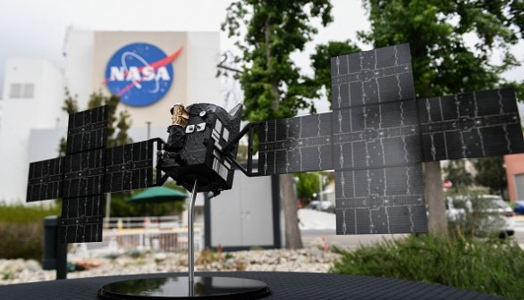 Psyche spacecraft is displayed at NASA's Jet Propulsion Laboratory (JPL) in Pasadena, California, on April 11, 2022