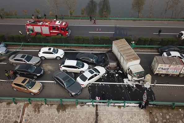 An aerial view of a major car accident on the highway near Yingshang, Anhui province in eastern China on November 15, 2017