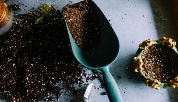 green metal garden shovel filled with brown soil