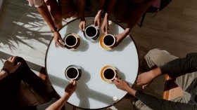 Coffee Drink on Ceramic Cups on Table Top