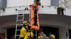 A mock victim during an earthquake drill 