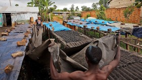 Workers cover biochar to dry in the sun before it is packed and distributed at the Eco Fuel Africa factory in Lugazi on January 29, 2013. 