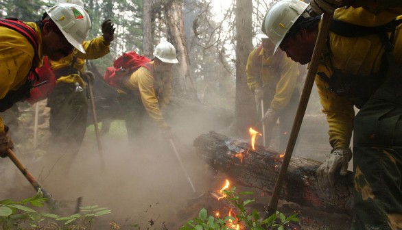 A stock photo of Medford, Oregon fire crew as they put out a burned area. 