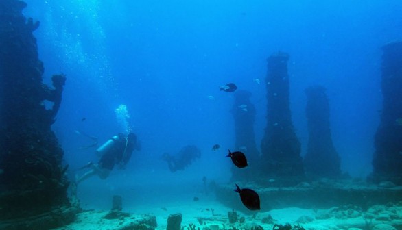 A photo of a scuba diver on the ocean floor