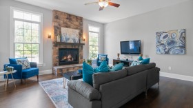 Blue Armchairs and Gray Sofa in a Living Room