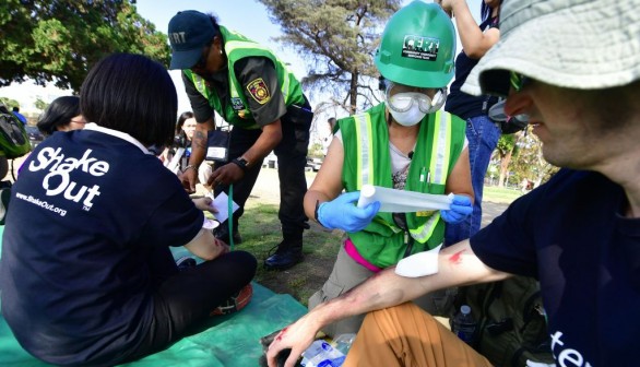 A photo of the Great California Shakeout earthquake drill.