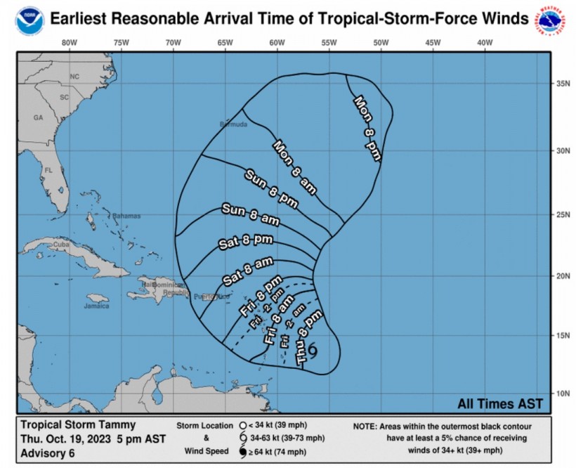 earliest reasonable arrival time of tropical-storm-force winds of Tammy