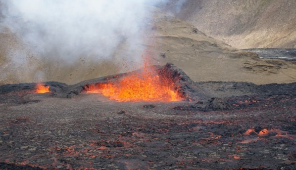 lava spews from the vulcano in Fagradalsfjall, Iceland