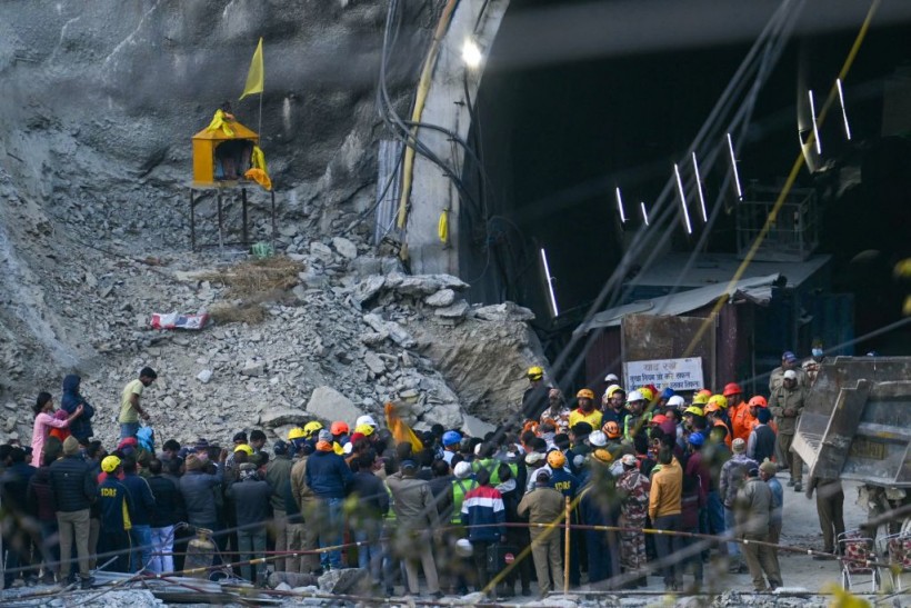 A photo from 41 workers trapped in a collapsed road tunnel for nearly two weeks