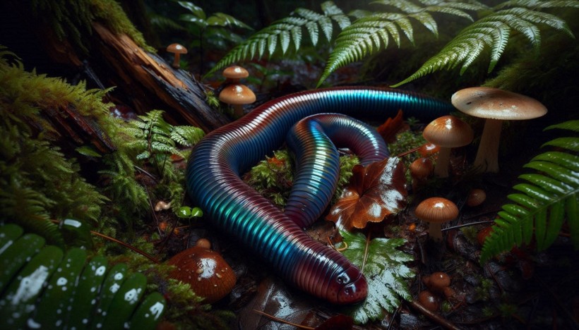 A realistic image of a giant earthworm in the forest