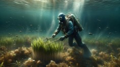 A realistic image of an underwater gardener planting seagrass underwater