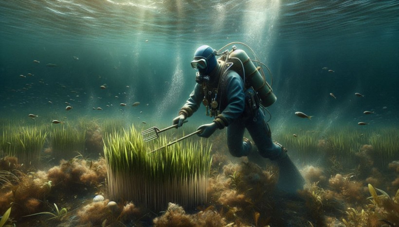 A realistic image of an underwater gardener planting seagrass underwater