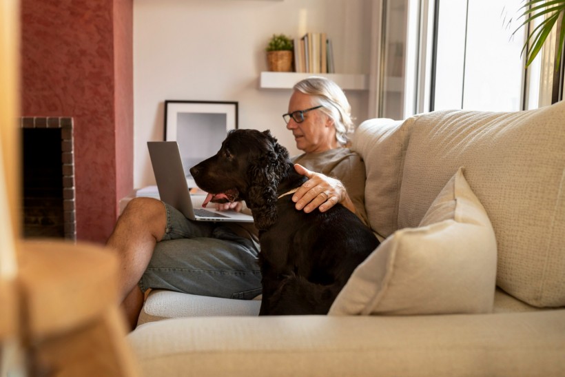 Side view old man petting dog