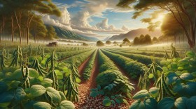 A realistic image of a cowpea plantation with cowpeas in the foreground