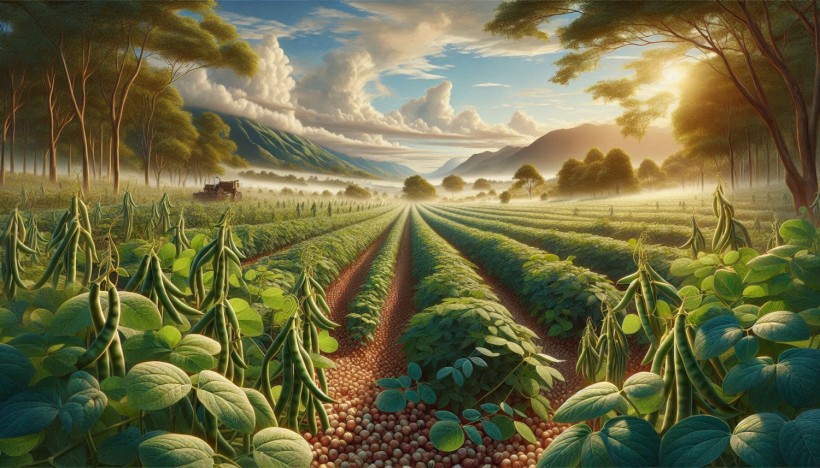 A realistic image of a cowpea plantation with cowpeas in the foreground