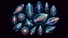 an image featuring a collection of translucent sea creatures with bioluminescent qualities against a dark background