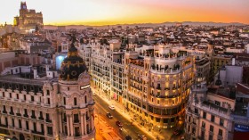 Sunset view of Gran Via in Madrid