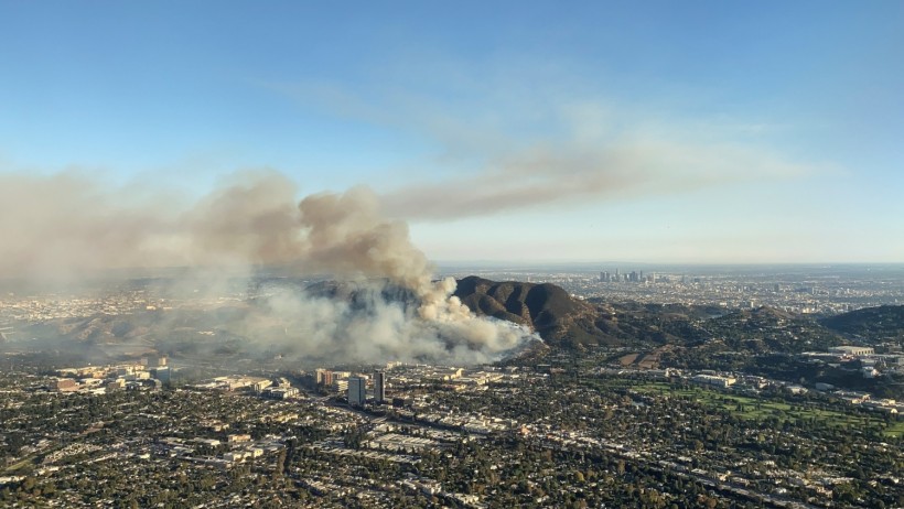 The Barham Fire burns in the Hollywood Hills, as viewed from Burbank