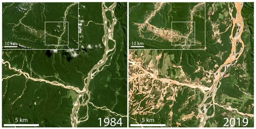 Satellite images used in the study show deforestation and elevated suspended sediment