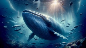 A hyperrealistic image of a minke whale swimming under the ocean