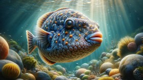 A hyper realistic image of a hoodwinker sunfish underwater